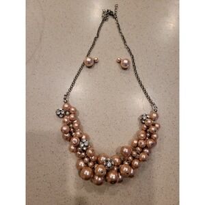 Champagne Pink Faux Pearl Rhinestone Bib Statement Necklace and Earring Set
